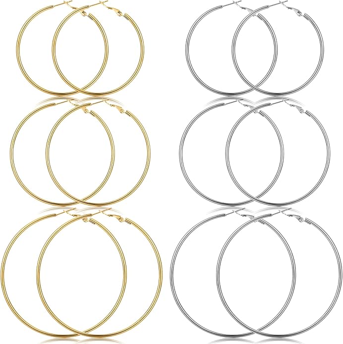 6 Pairs Gold Silver Hoop Earrings for Women, 14K Gold Plated Stainless steel Hoop Earring for Women, Lightweight Hypoallergenic Dainty Hoop Earrings Set