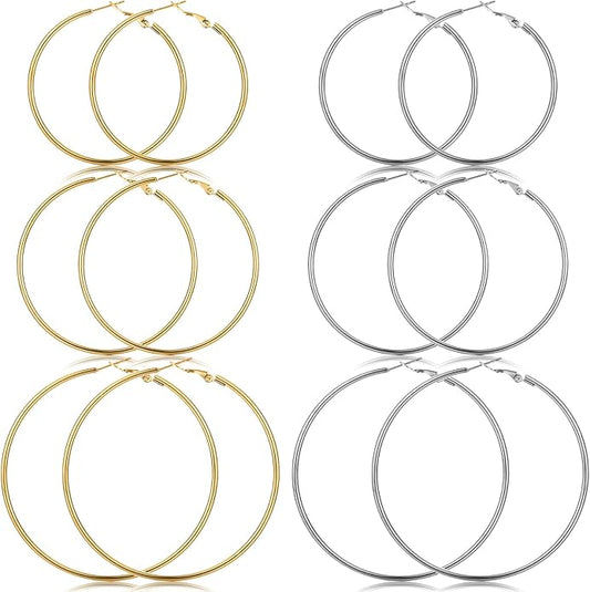 6 Pairs Gold Silver Hoop Earrings for Women, 14K Gold Plated Stainless steel Hoop Earring for Women, Lightweight Hypoallergenic Dainty Hoop Earrings Set