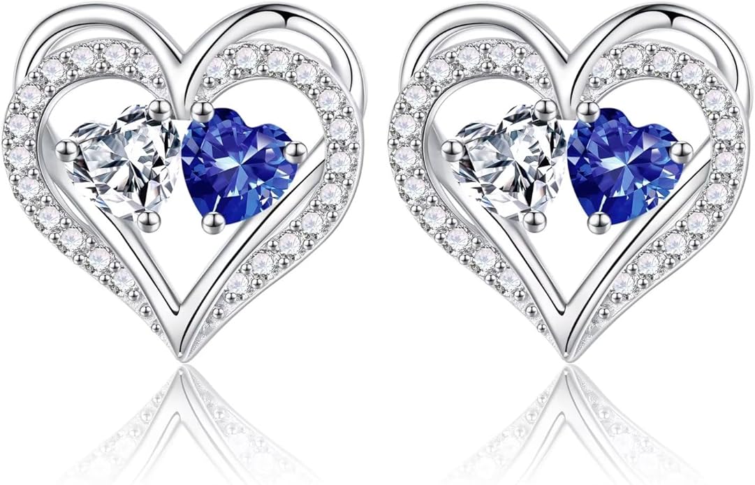 Iefil Birthstone Earrings for Women - 925 Sterling Silver Heart Earrings Anniversary Birthday Gifts for Women Wife Girlfriend Mom