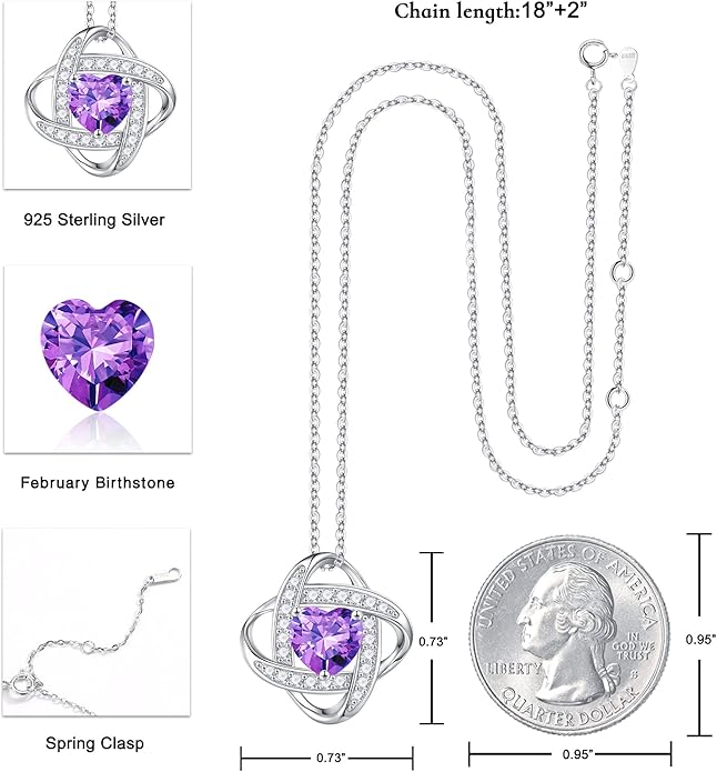 Iefil 925 Sterling Silver Love Knot Birthstone Necklace, Natural or Created Gemstone, Anniversary Birthday Gifts for Women, Jewelry Gifts for Wife Mom Girlfriend