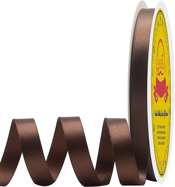 LEEQE Double Face Brown Satin Ribbon 3/8 inch X50 Yards Polyester Brown Ribbon for Gift Wrapping Very Suitable for Weddings Party Invitation Decorations and More