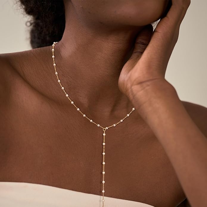 LOVELUCK Long Lariat Necklace for Women,Dainty Layered Y-Shaped Necklaces 14k Gold/Silver Plated Drop Chain Trendy Christmas Jewelry Gifts