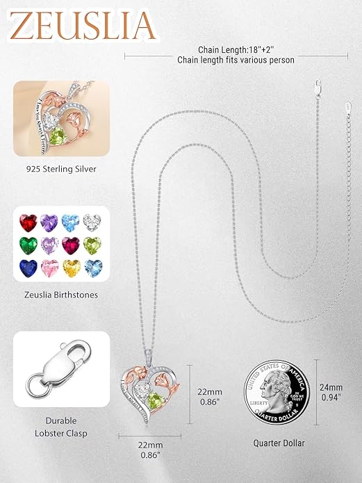 Zeuslia Double Birthstone Necklace Gifts for Wife - 925 Sterling Silver Sunflower/Rose/Crown Cross/Compass/Heart Pendant I Love You Necklace, Anniversary Birthday Gifts for Wife Girlfriend Mom Her