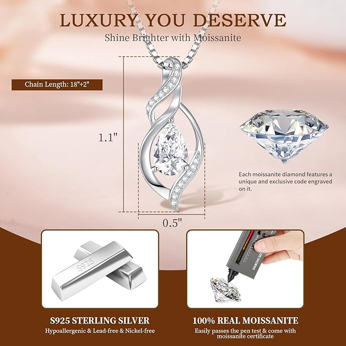 Moissanite Heart Necklaces for Women, 18K White Gold Plated 925 Sterling Silver 1-3CT Moissanite Pendant Jewelry Wedding Anniversary Birthday Christmas Gifts for Wife Mom Girlfriend Sister Grandma