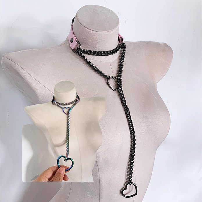 Handmade Black Heart Choker Collar For Women, Punk Gothic O-ring Slip Chain Necklace with Adjustable Vegan Leather Buckle