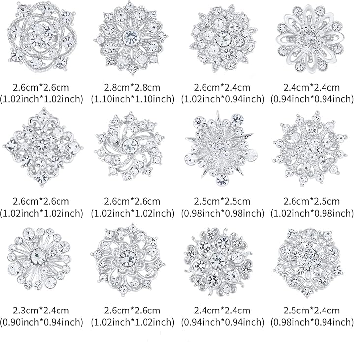 Assorted Small Size Crystal Rhinestone Flower Brooch Pins Set for Crafts Embellishment, Wedding Bouquet Brooches for Women Fashion