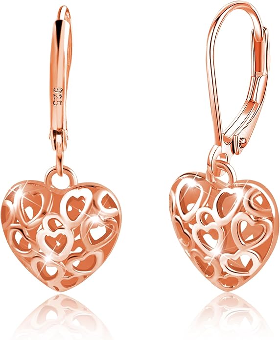 925 Sterling Silver 14K Gold French Style Leverback Earrings, Heart Dangle Drop Earrings for Women Hypoallergenic Jewelry
