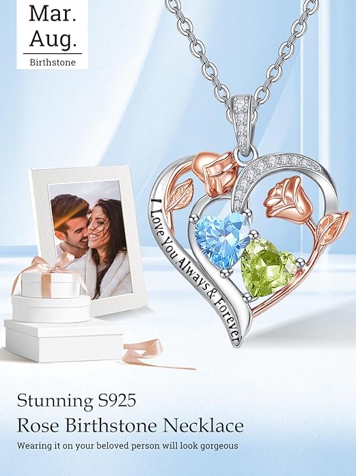 Zeuslia Double Birthstone Necklace Gifts for Wife - 925 Sterling Silver Sunflower/Rose/Crown Cross/Compass/Heart Pendant I Love You Necklace, Anniversary Birthday Gifts for Wife Girlfriend Mom Her