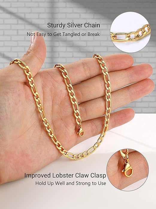 PROSTEEL 316L Stainless Steel Figaro Cuban Chain Necklace for Men, Black/18K Real Gold Plated, 4/5/6/7.5/9/10/13mm, 14inch-30inch, Come with Box
