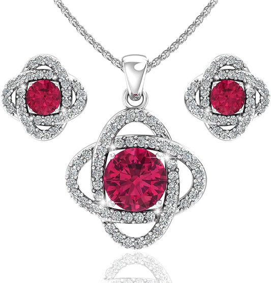 Women 925 Sterling Silver Cute Love Knot Sparkling Gemstone Push Back Stud Earrings Hanging Pendant Necklace Beautiful Fine Jewelry Accessory Set, 1.65 Carat