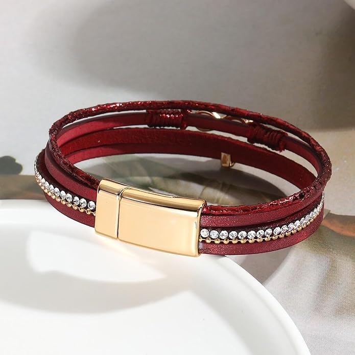 Fesciory Leopard Bracelet for Women, Boho Leather Wrap Multi-Layer Pearl Crystal Bracelet Bangle Jewelry