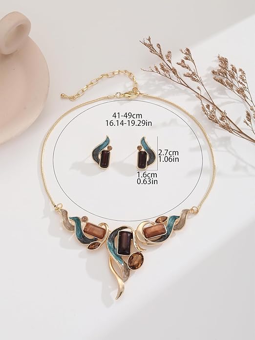 Chunky Statement Jewelry Set Vintage Retro Leaf Flower Floral Geometric Bohemian Boho Bib Necklace Earring Set Fashion Costume Jewelry for Women Girls Wedding Party Prom Unique Gift