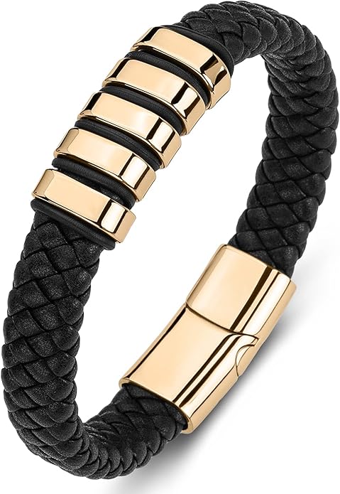 Leather Bracelet for Men Braided Cuff Wristband Stainless Steel Clasp in Silver and Gold Jewellery Gift