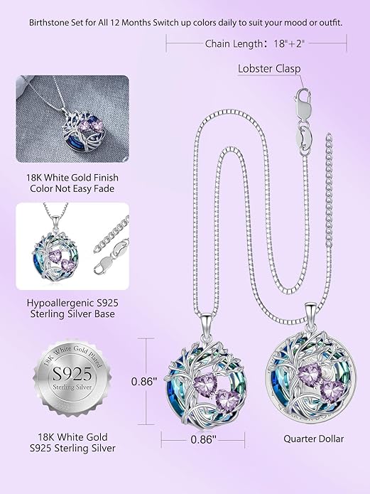 TOUPOP s925 Sterling Silver Family Celtic Tree of Life Pendant Necklaces with 2 Heart Birthstone with Blue Austrian Crystal Jewelry Birthday Anniversary Christmas Gifts for Her Wife Girlfriend Mom (18K Real White Gold Filled)