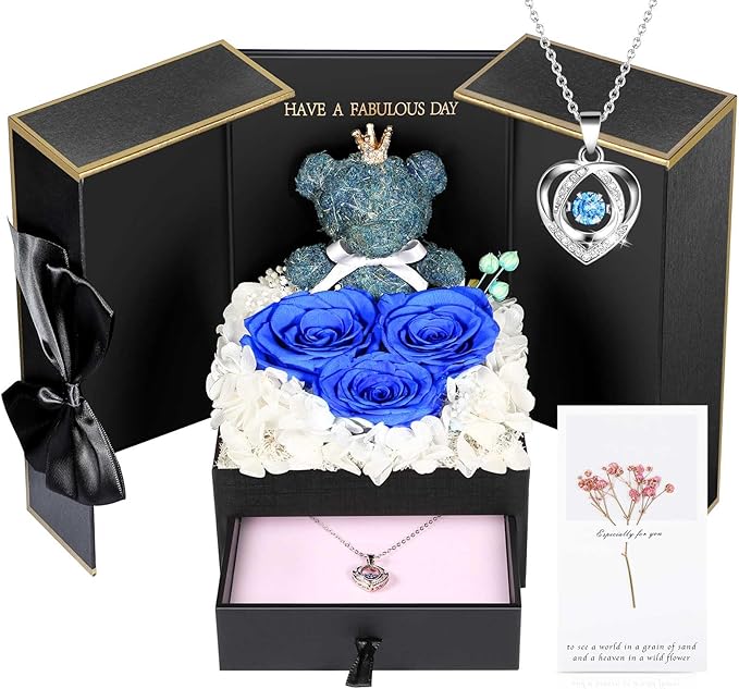 ADDWel Preserved Rose Gifts for Her, Forever Real Blue Flowers with Sterling Silver Necklace for Wife Girlfriend Mom on Birthday Anniversary