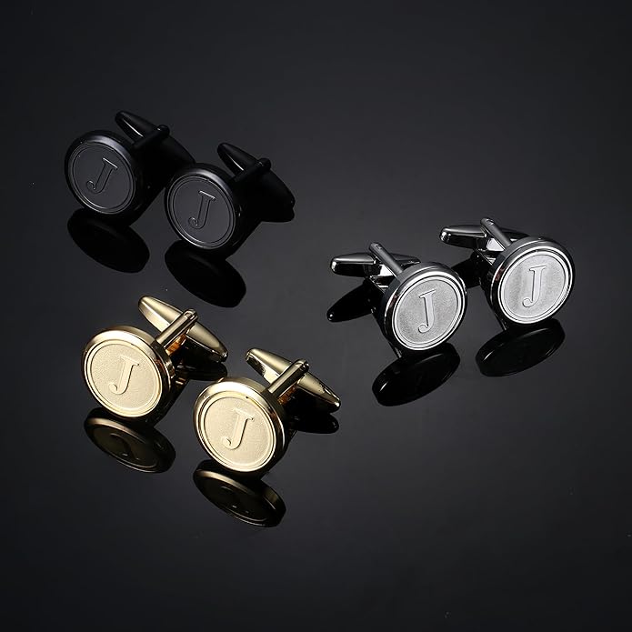 LOLIAS 3 Pairs Initial Cufflinks For Men Classic Mens CuffLinks Set Letter Cuff Links for Casual to Formal with Gift Box Silver Black 14K gold plated Cufflinks for Father Husband