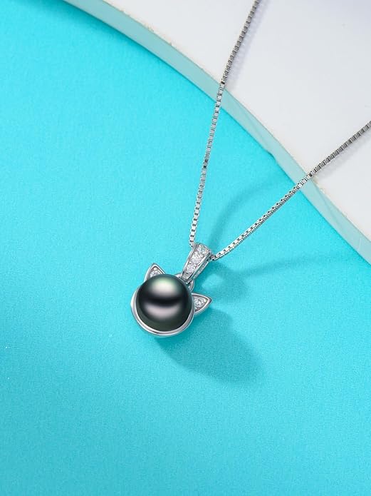 KANNSOAR Tahitian Black Pearl AAAA18K White Gold Plated Sterling Silver Cat Pendant Necklace for Women Wife Mom Girlfriend Valentine Her Jewelry Gift for Mother Day Anniversary Birthday