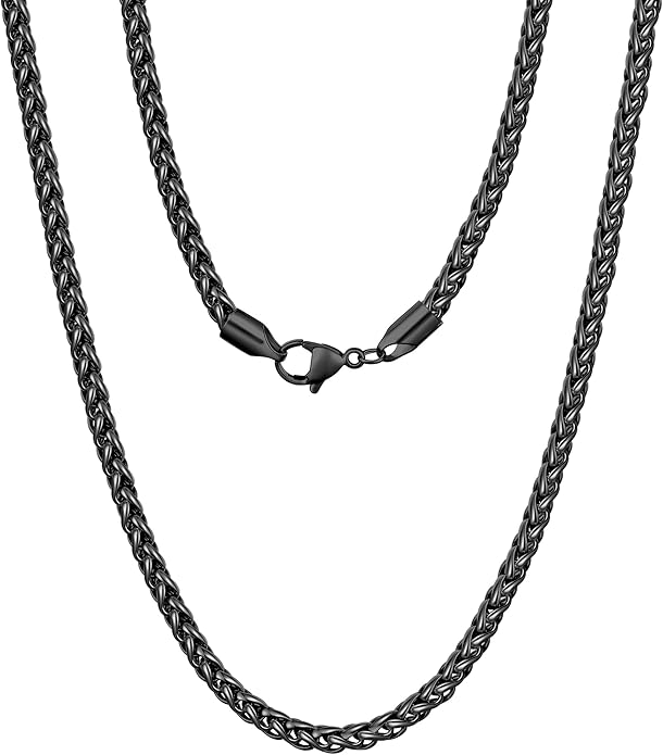 Fiusem Wheat Chains for Men and Women, 2/2.5/3/4/5mm Silver Tone/14K Gold Plated/Black Necklace Chain, Stainless Steel Mens Necklace 16-28 Inch