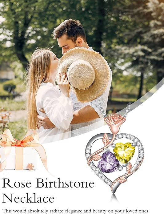 Christmas Gifts for Women Rose Heart Birthstone Pendant Necklace I Love You Forever Jewelry Valentine Mothers Day Birthday Gifts for Women Her Wife Girlfriend