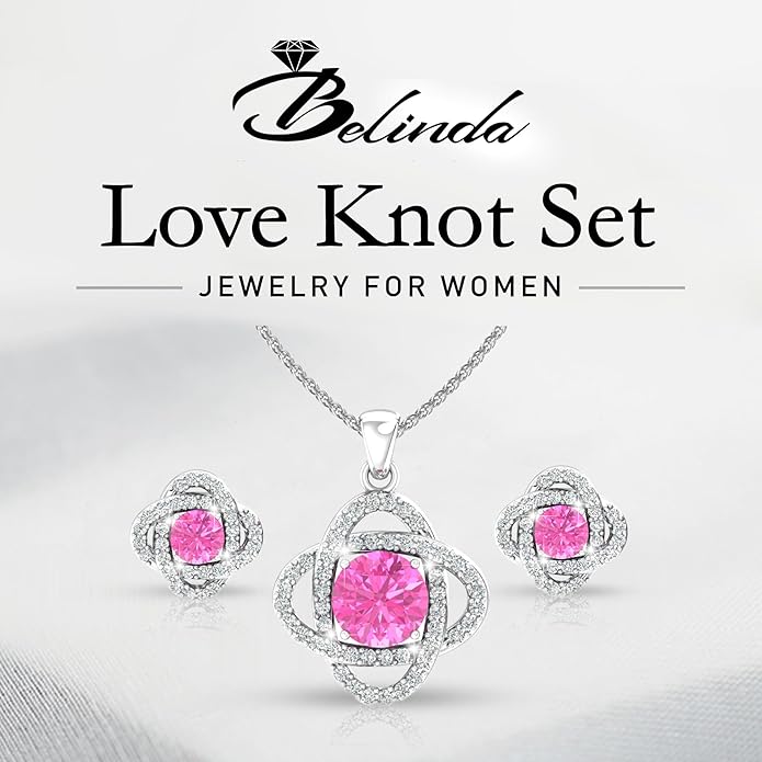 Women 925 Sterling Silver Cute Love Knot Sparkling Gemstone Push Back Stud Earrings Hanging Pendant Necklace Beautiful Fine Jewelry Accessory Set, 1.65 Carat