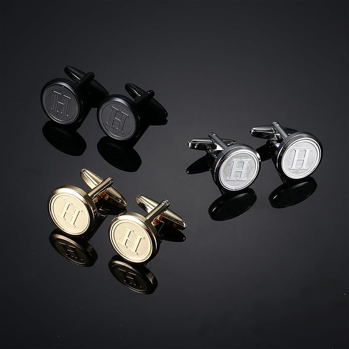 LOLIAS 3 Pairs Initial Cufflinks For Men Classic Mens CuffLinks Set Letter Cuff Links for Casual to Formal with Gift Box Silver Black 14K gold plated Cufflinks for Father Husband