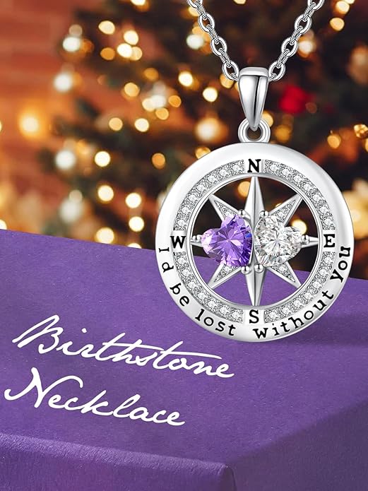 Compass Birthstones Necklace for Women, Exquisite Anniversary Birthday Gifts for Wife Her Double Birthstone Pendant jewelry ‘I'd be Lost Without You’