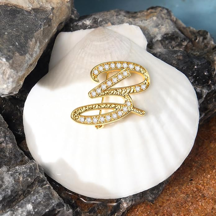 Cicy Bell A-Z Initial 26 Letter Brooch Pins 18k Gold Plated Cubic Zirconia Breastpin Name Personalized Gifts for Women Men