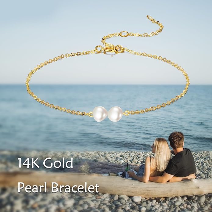 KECHO 14K Real Gold Freshwater Cultured Pearl Bracelet 14K Solid Gold Jewelry Anniversary Birthday Gift for Women