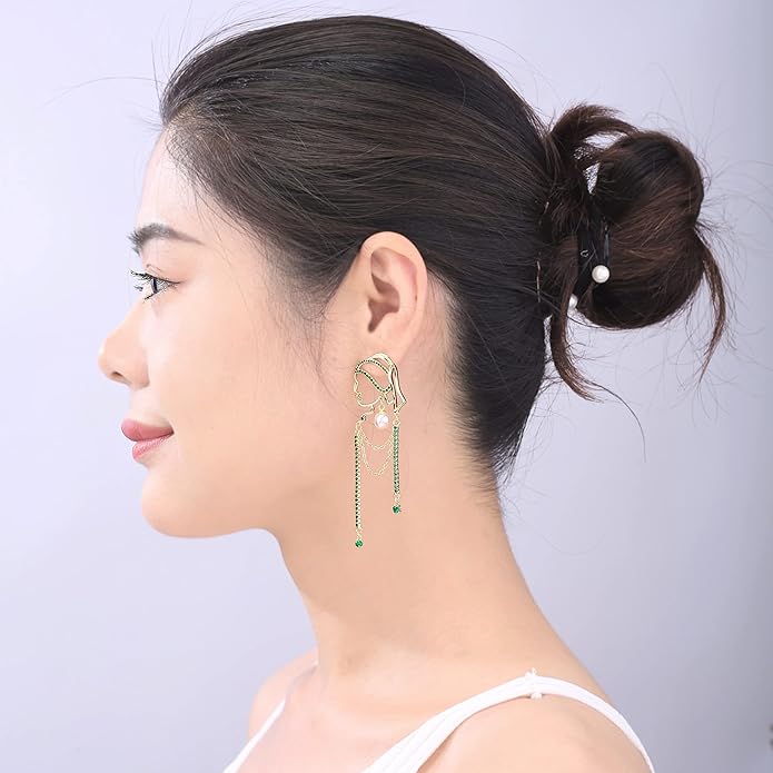 Unique Abstract Face Art | Dangle Statement Long Earrings for Women | Rhinestone Tassel Handmade Chandelier Earrings