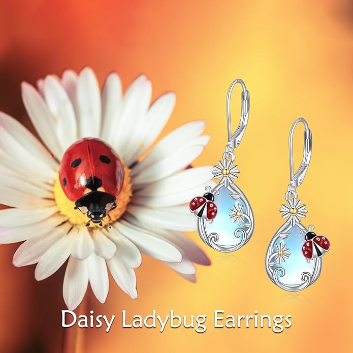 AOBOCO Butterfly/Dragonfly/Bee/Ladybug Leverback Earrings 925 Sterling Silver Rose Lotus Tulip Flower Filigree Dangle Earrings Teardrop Moonstone Larimar Turquoise Abalone Shell Jewelry Birthday Gifts for Women