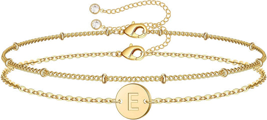 MONOZO Gold Initial Bracelets for Women Girls Christmas Gifts - Dainty 14K Gold Plated Layered Beaded Letter Initial Bracelet 26 Alphabet Disc Monogram Charm Bracelet Jewelry Christmas Gifts for Women