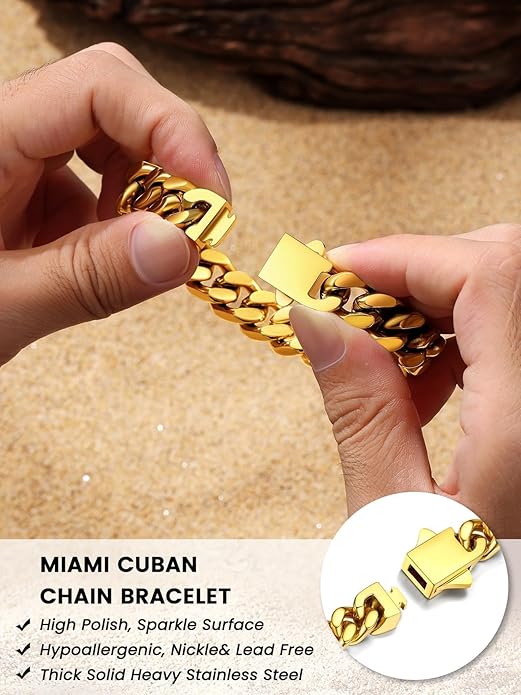 Bestyle Thick Mens Cuban Link Chain Bracelets, Durable Real 18K Gold/Black Metal Plated Solid Stainless Steel Hand Chain Cuban Bracelets for Men, Silver Black Gold Bracelets for Father Husband