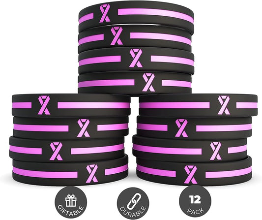 Inkstone Awareness Ribbon Silicone Bracelets (12-pack) - Wholesale Pack of 1 Dozen Unisex Wristbands for Men Women - Cancer Survivor Hospital Gifts Party Favors Giveaways Goodie Bag Items
