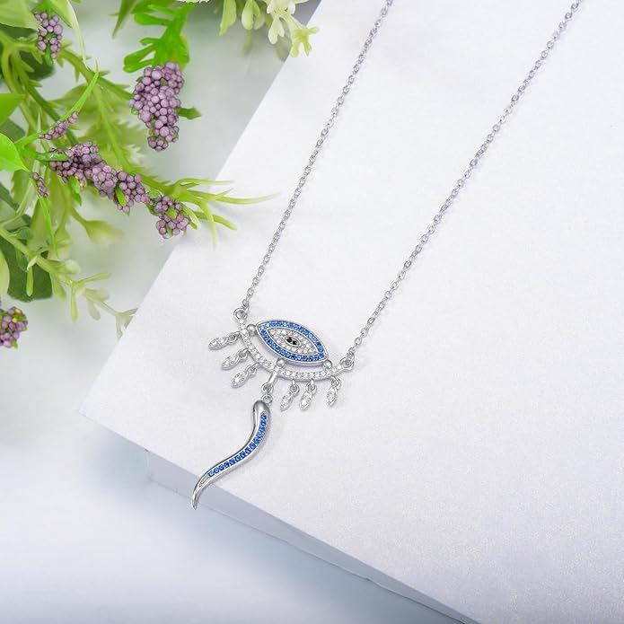 PELOVNY Evil Eye Necklaces 925 Sterling Silver Nazar Eye Protection Necklace Amulet Jewelry Gifts for Women