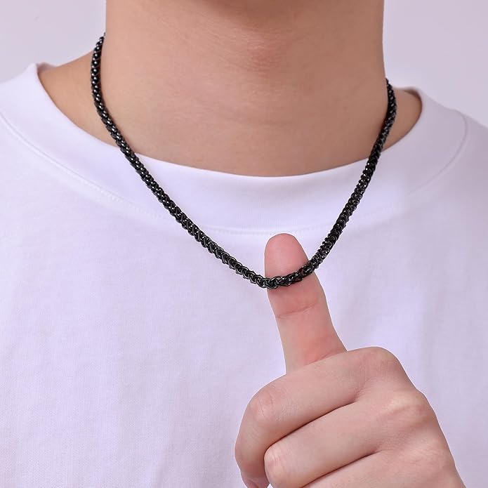 Fiusem Black Wheat Chains for Men and Women, 2/2.5/3/4/5mm Stainless Steel Necklace Chain, Mens Necklace Jewelry Gift 16-28 Inch