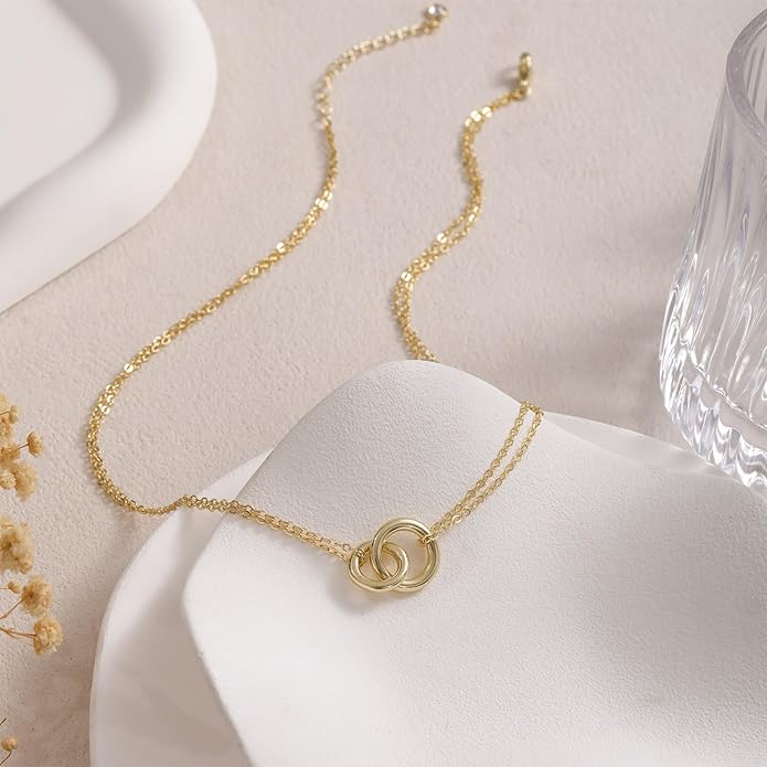 Gold Necklace for Women, Dainty 14K Gold Plated Pendant Necklaces for Women Trendy Simple Choker Chain Cubic Zirconia Circle/Interlocking/Sun Necklace Fashion Jewelry Birthday Christmas Gift