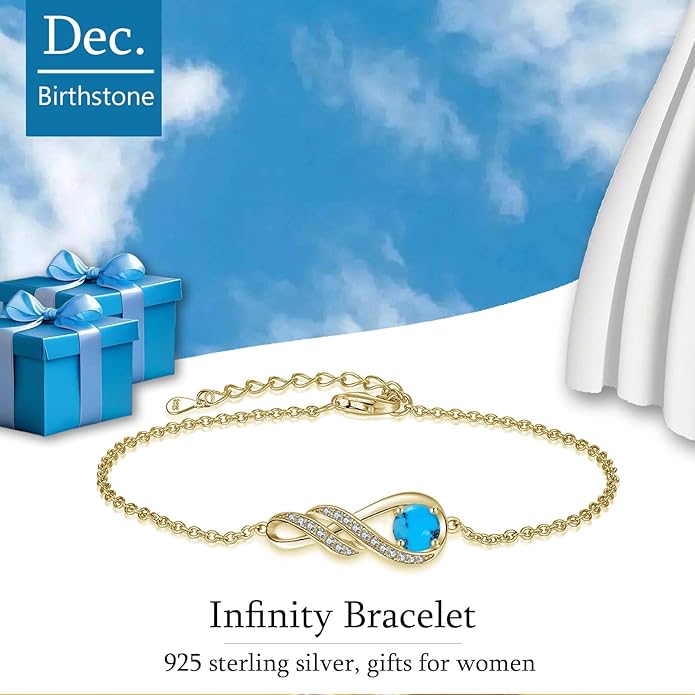 Birthstone Bracelets for Women 925 Sterling Silver Created Gemstone Bracelet Infinity Pendant Jewelry for Her, 6.7"+1.2"