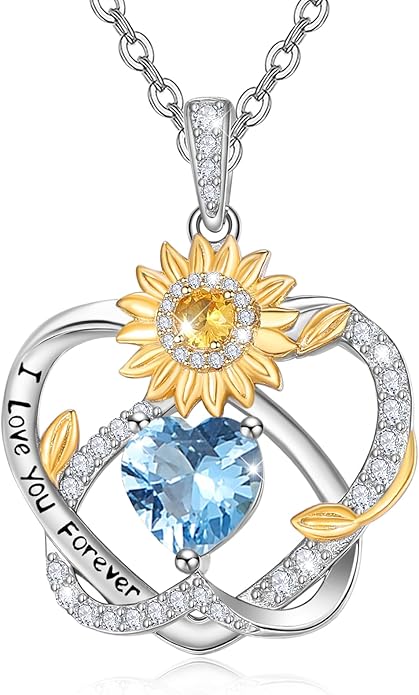 Zeuslia Double Birthstone Necklace Gifts for Wife - 925 Sterling Silver Sunflower/Rose/Crown Cross/Compass/Heart Pendant I Love You Necklace, Anniversary Birthday Gifts for Wife Girlfriend Mom Her