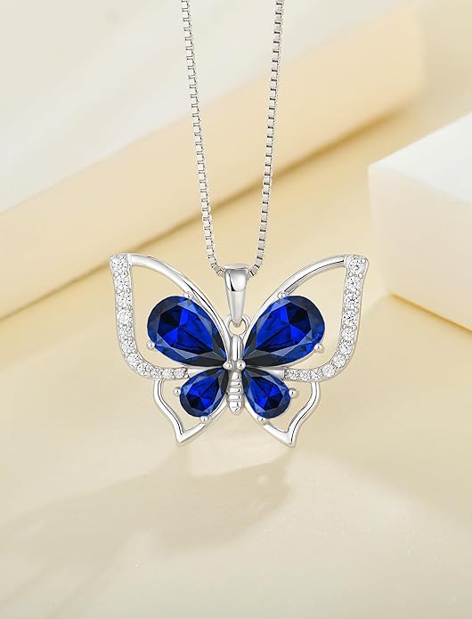 YL Women's Butterfly Necklace 925 Sterling Silver Flower Rose Pendant Birthstone Halo Jewelry