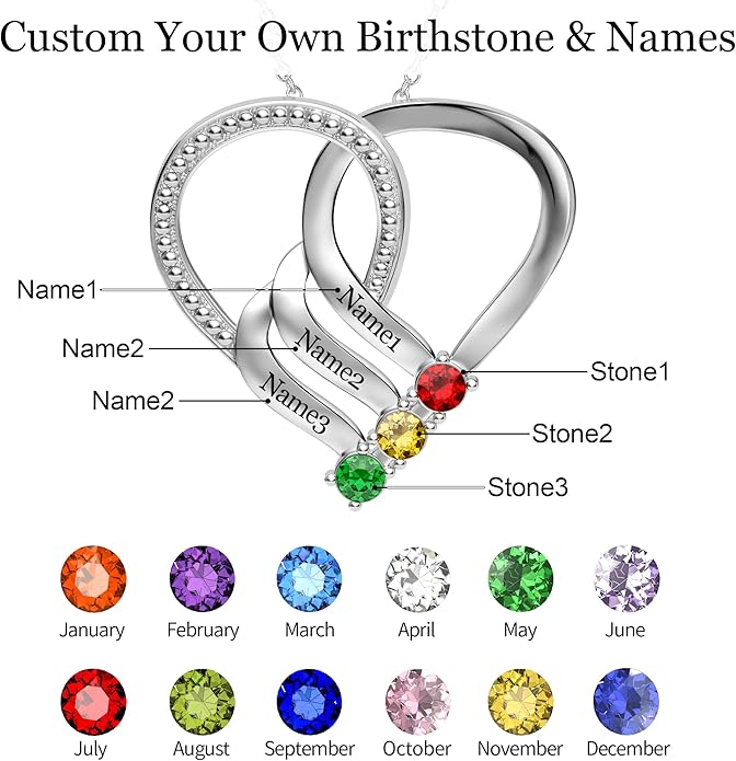 Easycosy Custom Name Necklace with Simulated Birthstones Customized Promise Necklace Heart Pendant with Engraved 2-6 Names - Anniversary Birthday Christmas Jewelry Gifts for Women Wife Mom Grandma