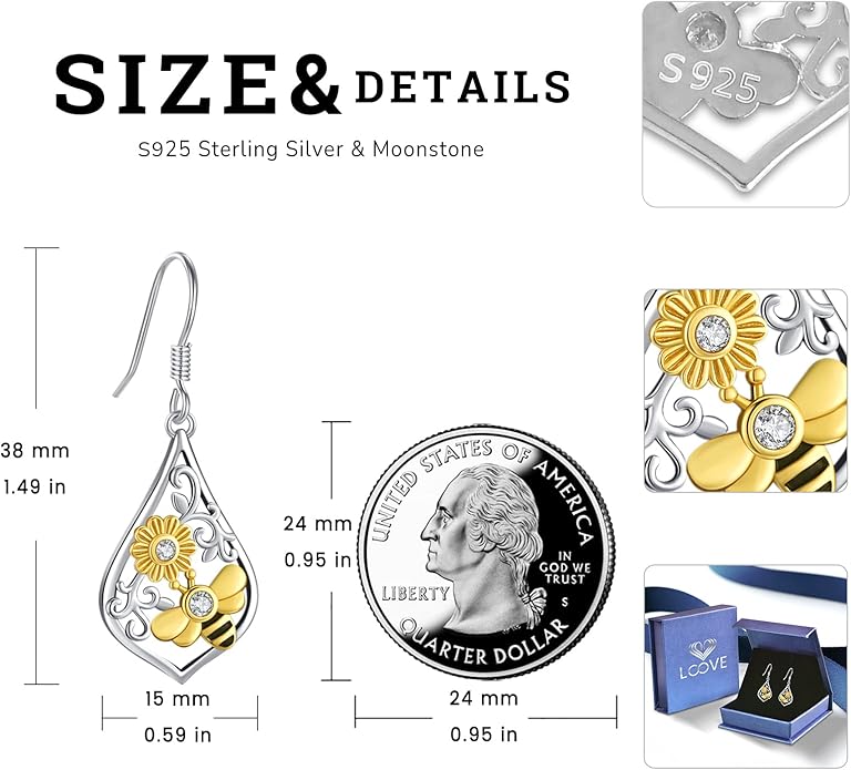 Sterling Silver Tree of Life/Flower/Bee/Animals/Cat/Hummingbird Dangle Earrings Moonstone Turquoise Drop Leverback Earrings Jewelry Gifts