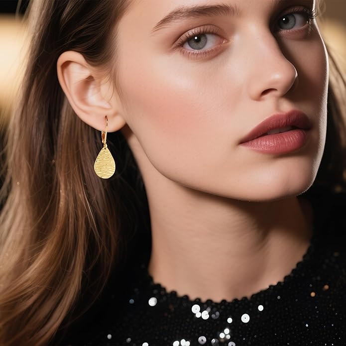 Sterling Silver Dangle Earrings for Women Trendy 14k Gold Dangle Drop Earrings Teardrop Hammered Leverback Earings for Women Jewelry Gifts