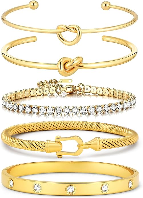 FAFUGA 18 K Gold Plated Love Bangle Bracelet Stack Cuff Jewelry for Women Jewelry Set for Women Gift with Box