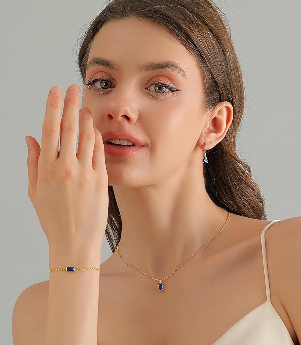 Birthstone 14K Gold Plated Bracelets Earrings Necklaces Jewelry Set， Blue Green May Cubic Zirconia，Friendship Bracelets Jewelry Gifts for Mom Best Friend Birthday