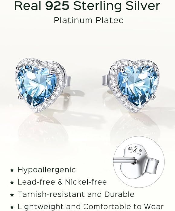 ChicSilver 925 Sterling Silver Birthstone Earrings for Women, 8MM/2 Carat Heart & Round Cubic Zirconia Stud Earrings, Hypoallergenic Jewelry, Ideal Birthday or Christmas Gifts