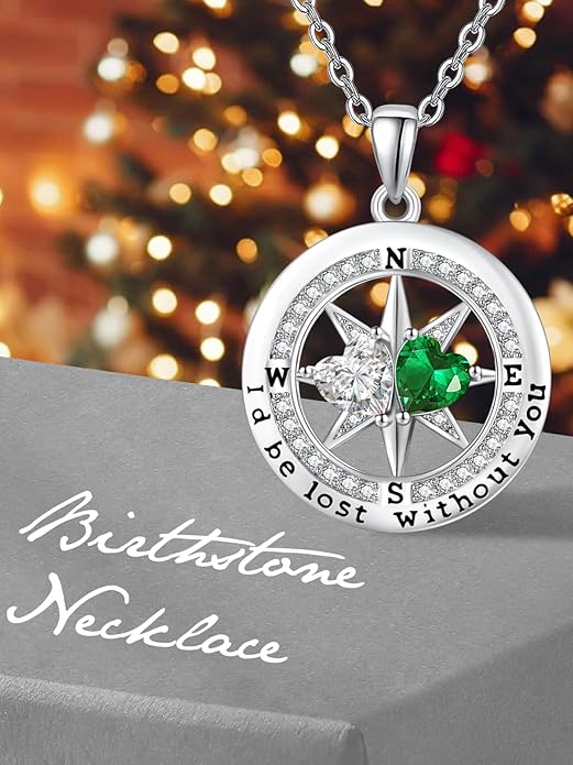 Compass Birthstones Necklace for Women, Exquisite Anniversary Birthday Gifts for Wife Her Double Birthstone Pendant jewelry ‘I'd be Lost Without You’