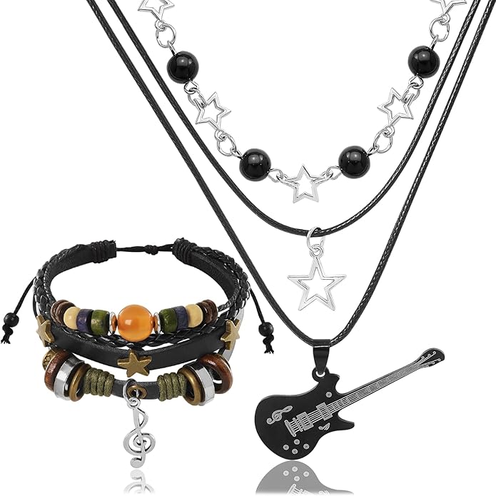 Multilayer Y2k Star Necklace Fairy Grunge Bracelets Set Handmade Fairycore Grunge Jewelry Gothic Swirl Star Necklace Punk Rock Roll Music Guitar Grunge Accessories for Women Men