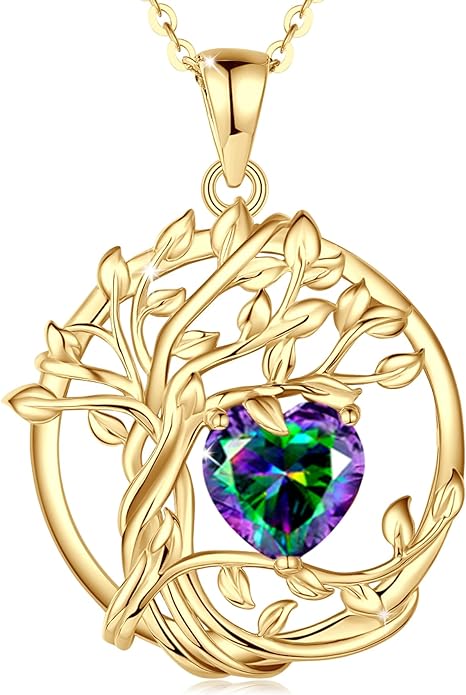 FANCIME Tree of life Birthstone necklace Sterling Silver Pendant Birthstone Necklace Gemstone Anniversary Birthday Jewelry Christmas Gifts for Mom Her Wife