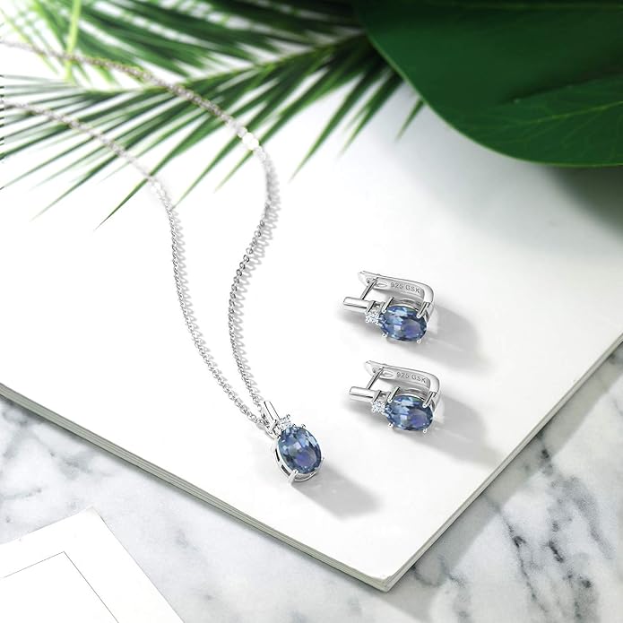 Gemstone Birthstone and White Created Sapphire Pendant and Earrings Jewelry Set for Women in 925 Sterling Silver | Oval 8X6MM and Round 2.5MM | With 18 Inch Chain | Fine Jewelry for Her Mom Women Wife
