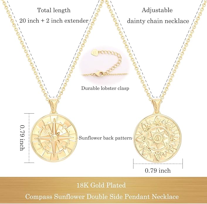 CANEVINKA 18K Gold Plate Coin Pendant Necklace for Women Dainty Compass Sunflower Necklaces Personalized Chain Layered Jewelry